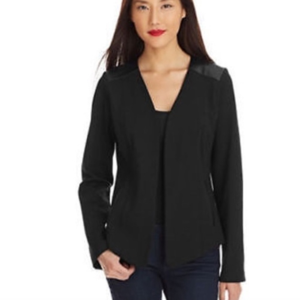 Eileen Fisher Black Leather Trim Ponte Open Blazer Jacket